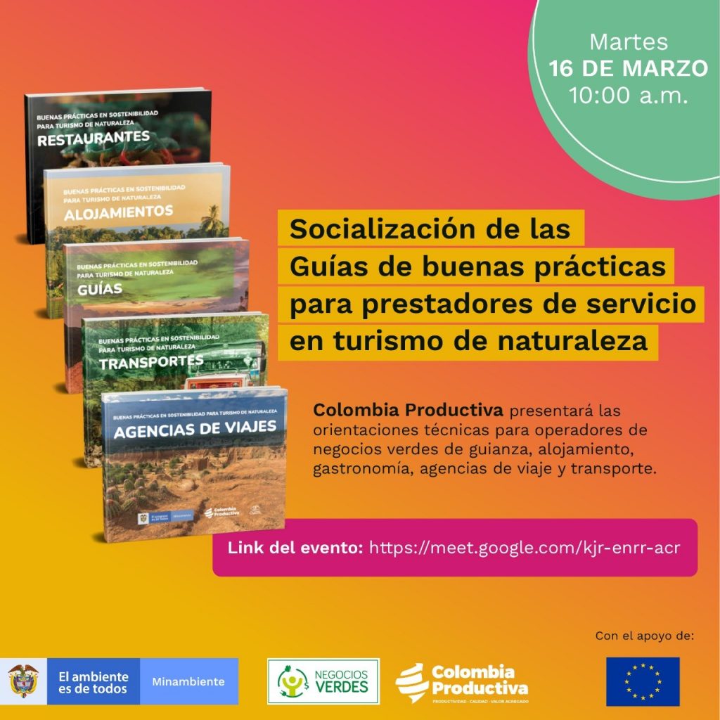 Imagen de las guias: restaurante, alojamiento, guías, transportes y agencias de viajes que serán socializadas para prestadores de servicio de turismo de naturaleza. La imagen tambien muestra el link de acceso y que se llevará a cabo el día martes 16 de marzo a las 10 de la mañana