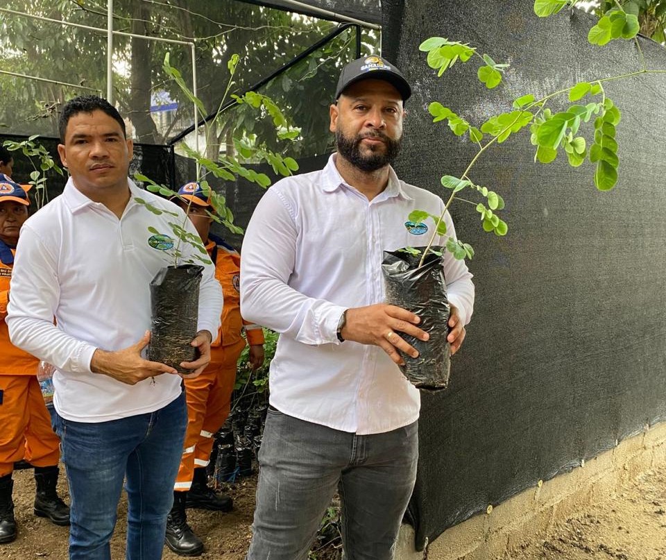 Dos funcionarios sostenienendo cada uno un árbol